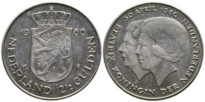 Нидерланды 2 1/2 гульдена 1980 коронация Беатрикс, 30 апреля 1980 KM 201 никель 4542-536