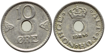 НОРВЕГИЯ 10 ЭРЕ 1945 KM 383 медно-никель 4396-367