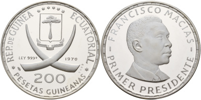 Экваториальная Гвинея 200 песет 1970 Первый президент Франсиско Масиас Нгема (1924-1979) KM 19 серебро PROOF 3831-312