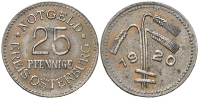 Остербург (прусская провинция Саксония) 25 пфеннингов 1920 Funck 413.2, Men18 25133.1 железо плакированная медью 4586-947