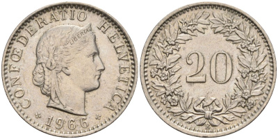 Швейцария 20 раппенов 1966 B KM 29a медно-никель 4606-812