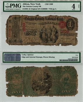 США, National Bank Note 1 доллар ND Национальный Банк Округа Орлинс, Албион, Нью-Йорк. В слабе компании PMG. Сохранность - «4 NET». Fr. 380  бумага   452-1-198