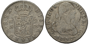 Испания 2 реала 1799 S CN, мондвор (Севилья), Карлос IIII (1788-1808) KM 430.2 (C69.2) серебро 650-941