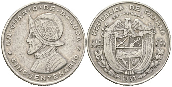 Панама 1/4 бальбоа 1953 50 лет независимости KM 19 серебро 68-1147