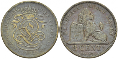 БЕЛЬГИЯ 2 САНТИМА 1902 BELGEN KM 36 медь 110-154