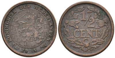 Нидерланды 1/2 цента 1914 Вильгельмина (1890-1948) KM 138 бронза 4576-354