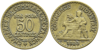 ФРАНЦИЯ 50 САНТИМОВ 1923 CHAMBRES DE COMMERCE KM 834, LE FRANC 191.6 алюминиевая бронза 4392-729
