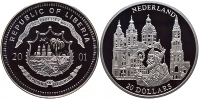 Либерия 20 долларов 2001 серия церкви Европы, Нидерланды, Святой Николай, сертификат серебро PROOF 01-107-41