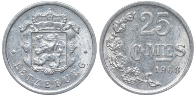 Люксембург 25 сантимов 1968 KM 45a.1 алюминий 4532-1055