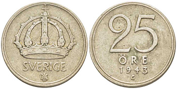 Швеция 25 эре 1943 G, Густав V (1907-1950) KM 816 серебро 116-1132