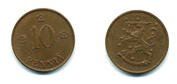 Финляндия 10 пенни 1921 республика (1918-1962) KM 24 медь 46-331