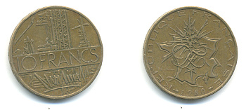 Франция 10 франков 1980 тип Матье KM 940, Le Franc 365.15-16 никель латунь 89-1422