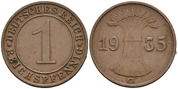 Германия 1 рейхспфенниг 1935 G KM 37, J. 313 бронза 4516-1215