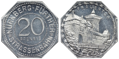 Германия, Нюрнберг - Фюрт 20 пфеннигов ND трамвайный жетон, женские ворота алюминий UNC 4119-635