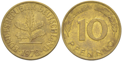 ФРГ 10 ПФЕННИГОВ 1978 F KM 108, J. 383 сталь плакированная латунью 4182-856