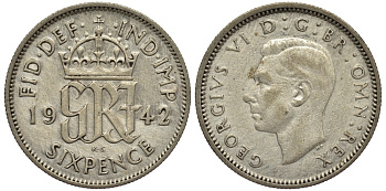 Великобритания 6 пенсов 1942 Георг VI (1936-1952) KM 852, Spink 4084 серебро 4538-522