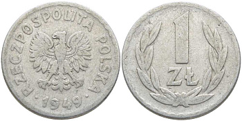 ПОЛЬША 1 ЗЛОТЫЙ 1949 KM 45а алюминий 113-414