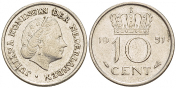 НИДЕРЛАНДЫ 10 ЦЕНТОВ 1950 ЮЛИАНА, ПЕРВЫЙ ГОД KM 182 никель 4547-825