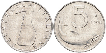 Италия 5 лир 1998 R, дельфин KM 92 алюминий  UNC  4594-728
