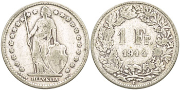 ШВЕЙЦАРИЯ 1 ФРАНК 1914 В KM 24 серебро 4544-355
