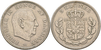 Дания 5 крон 1961 C; S, Фредерик IX (1947-1972) KM 853.1 медно-никель    4157-326