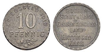 Бохум, Гельзенкирхен, Хаттинген 10 пфеннигов 1918 Funck 49.1, Men05 3022.1, Men18 3860.1 железо 4448-212