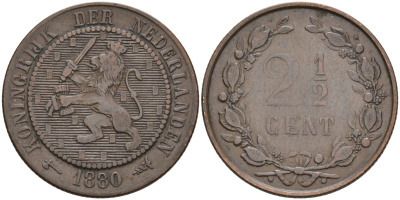Нидерланды 2 1/2 цента 1880 Виллем III (1849-1890) KM 108 бронза 4575-916