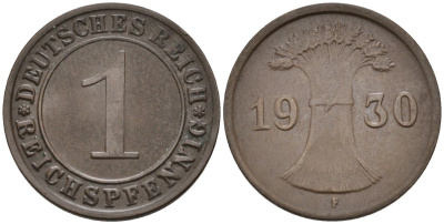 Германия 1 рейхспфенниг 1930 F KM 37, J.313, Weege 2 медь 4585-618