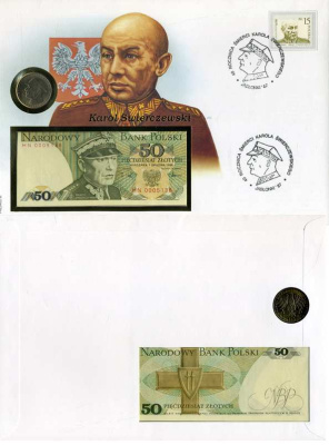 ПОЛЬША НАБОР В КОНВЕРТЕ 50 ЗЛОТЫХ + 10 ЗЛОТЫХ 1967 1988 1 ДЕКАБРЯ 1988, НАБОР ИЗ МОНЕТЫ БАНКНОТЫ И МАРКИ, 40 СМЕРТИ КАРОЛЯ СВЕРЧЕВСКОГО Pick 142с бумага UNC (ПРЕСС) 7183-48-1