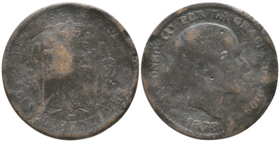 ИСПАНИЯ 5 СЕНТИМО 1878 OM, АЛЬФОНСО XII (1874-1885) KM 674(Y69) бронза 34-552