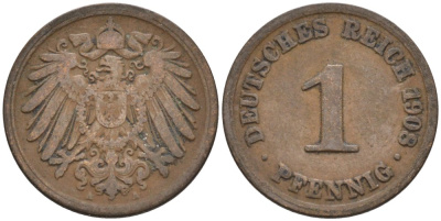 Германия 1 пфенниг 1908 A KM 10, J. 10 медь 4567-1257