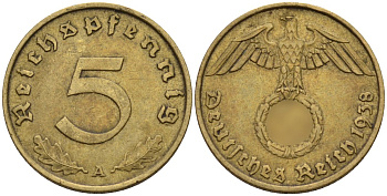 Германия 5 рейхспфеннигов 1938 A KM 91, J. 363 алюминиевая бронза 4151-826