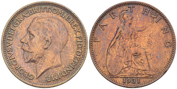 Великобритания 1 фартинг 1936 Георг V (1910-1936) KM 825, Spink 4061 бронза 4543-1045