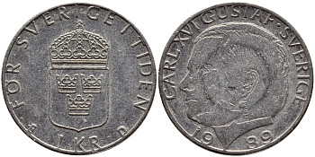 Швеция 1 крона 1989 Карл XVI Густав (1973- ) KM 852a медно-никель 4397-1246