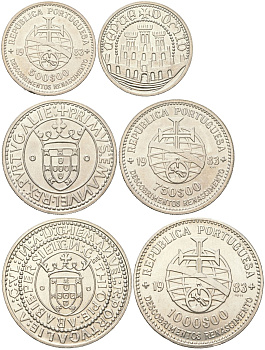 Португалия полный набор из 3 монет (500, 750 и 1000 эскудо) 1983 XVII Европейская художественная выставка KM 620, 621 и 622 серебро UNC 4125-1234-1235