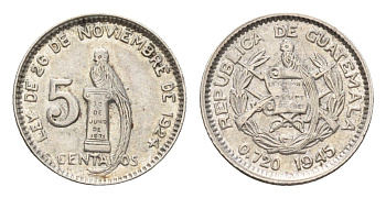 Гватемала 5 сентаво 1945 KM 238 серебро 4668-956