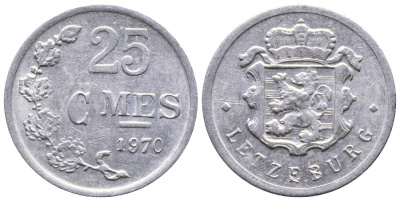 Люксембург 25 сантимов 1970 Герцог Жан (1964-1999) KM 45a.1 алюминий 53-225