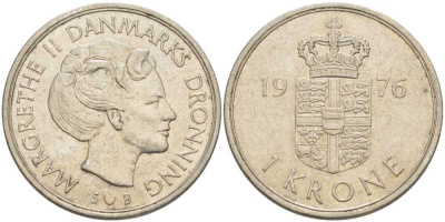 ДАНИЯ 1 КРОНА 1976 S; B, МАРГРЕТЕ II (1972-) KM 862.1 медно-никель 4388-444
