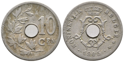 БЕЛЬГИЯ 10 САНТИМОВ 1905 BELGIE KM 53 медно-никель 4364-3714