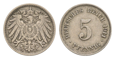 Германия 5 пфеннигов 1911 G, Вильгельм II (1888-1918) KM 11, J. 12 медно-никель 4640-136