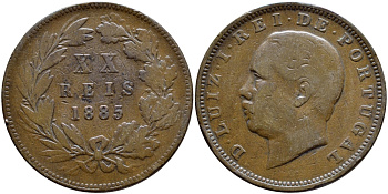 ПОРТУГАЛИЯ 20 РЕЙСОВ 1885 ЛУИШ I KM 527 бронза 4394-725