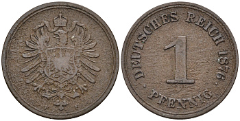 Германия 1 пфенниг 1876 E KM 1, J.1 медь 4594-842
