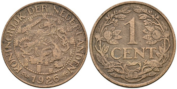 Нидерланды 1 цент 1926 Вильгельмина (1890-1948) KM 152 бронза 4576-1065