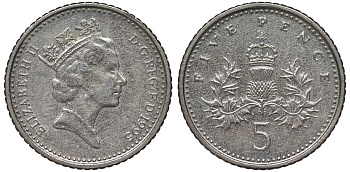 Великобритания 5 пенсов 1995 Елизавета II (1952-2022) KM 937b, Spink 4372 (D4) медно-никель 4124-653
