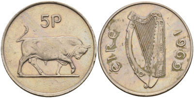 Ирландия 5 пенсов 1969 бык KM 22 медно-никель 4141-252