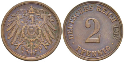 Германия 2 пфеннига 1913 A KM 16, J. 11, Weege 4 медь 206-638