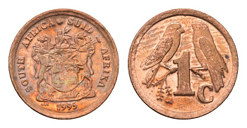 ЮАР 1 цент 1995 герб, капские воробьи KM 132 сталь плакированная медью UNC 4694-131