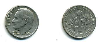 США 10 центов (дайм) 1967 Рузвельт KM 195а медь плакированная медно-никелем 46-2362