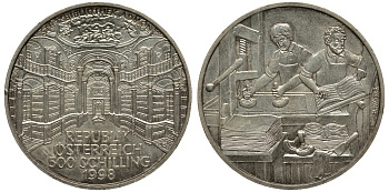 Австрия 500 шиллингов 1998 Библиотека аббатства Адмонт, печатники KM 3049 серебро UNC 413-4232