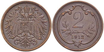АВСТРИЯ 2 ГЕЛЛЕРА 1912 ФРАНЦ ИОСИФ (1846-1918) KM 2801 бронза 201-338